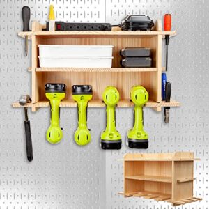 LampLighter Creations Power Tool Organizer & Drill Storage Rack - Cordless Charging Station Tool Organizer - Drill Holder Wall Mount - Easy Assembly 16.75x13x7” (Unfinished Pine)