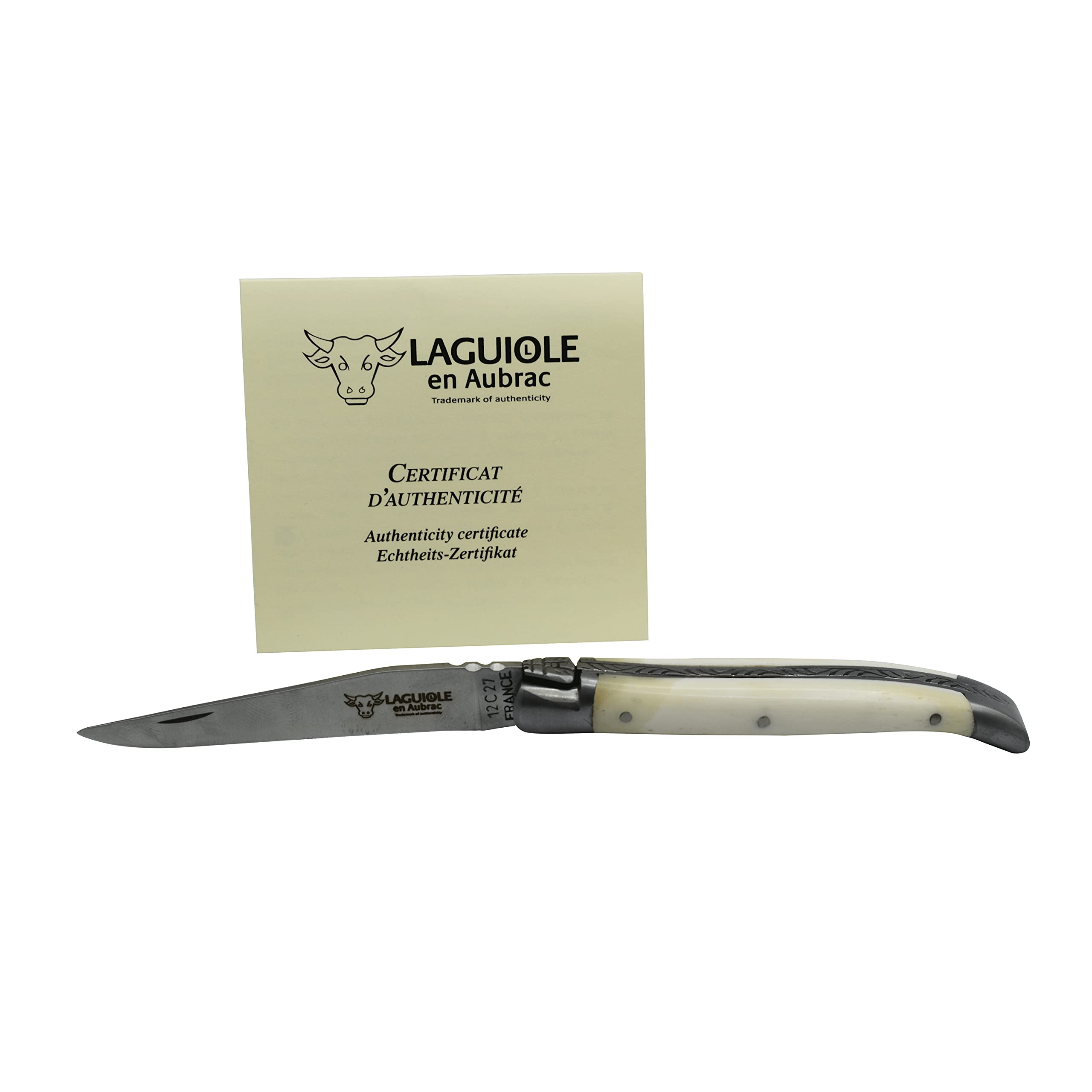 Laguiole en Aubrac Handmade Luxury Folding Pocket Knife, 3.5-in (9cm). Zebu Bone Handle, Hand Forged Bee, Stainless Steel Matte Bolsters