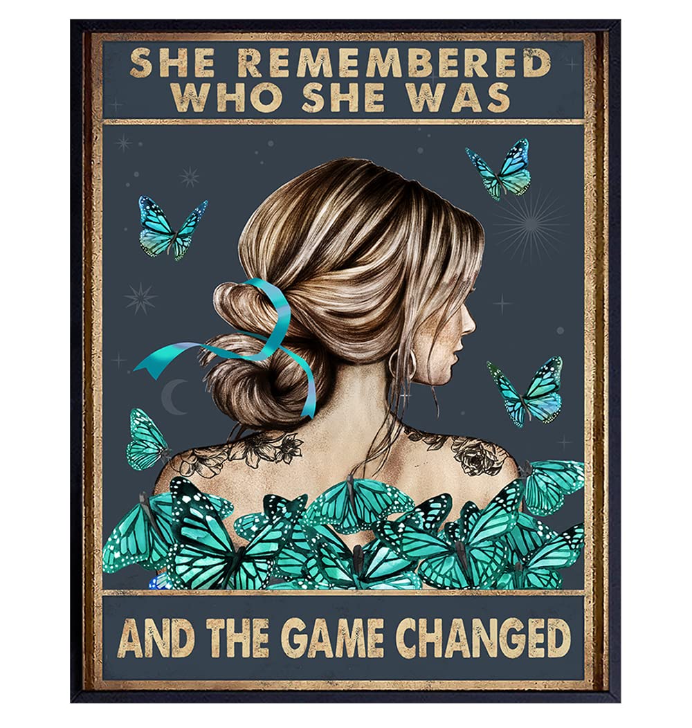 She Remembered Who She Was And The Game Changed - Positive Quotes Wall Decor - Uplifting Inspirational Encouragement Gifts for Women, Teen Girls - Motivational Wall Art - Light Blue Boho Decoration