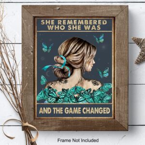 She Remembered Who She Was And The Game Changed - Positive Quotes Wall Decor - Uplifting Inspirational Encouragement Gifts for Women, Teen Girls - Motivational Wall Art - Light Blue Boho Decoration