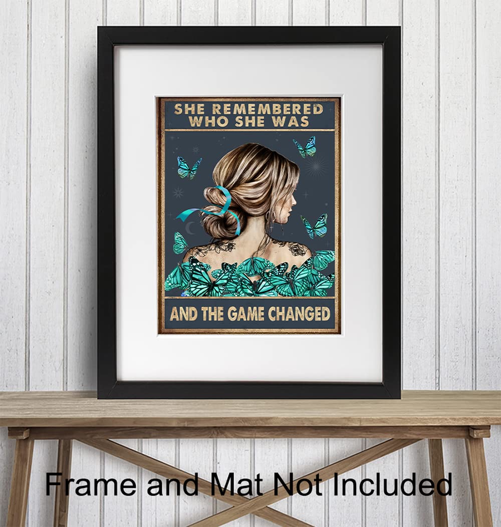 She Remembered Who She Was And The Game Changed - Positive Quotes Wall Decor - Uplifting Inspirational Encouragement Gifts for Women, Teen Girls - Motivational Wall Art - Light Blue Boho Decoration