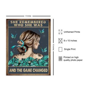 She Remembered Who She Was And The Game Changed - Positive Quotes Wall Decor - Uplifting Inspirational Encouragement Gifts for Women, Teen Girls - Motivational Wall Art - Light Blue Boho Decoration