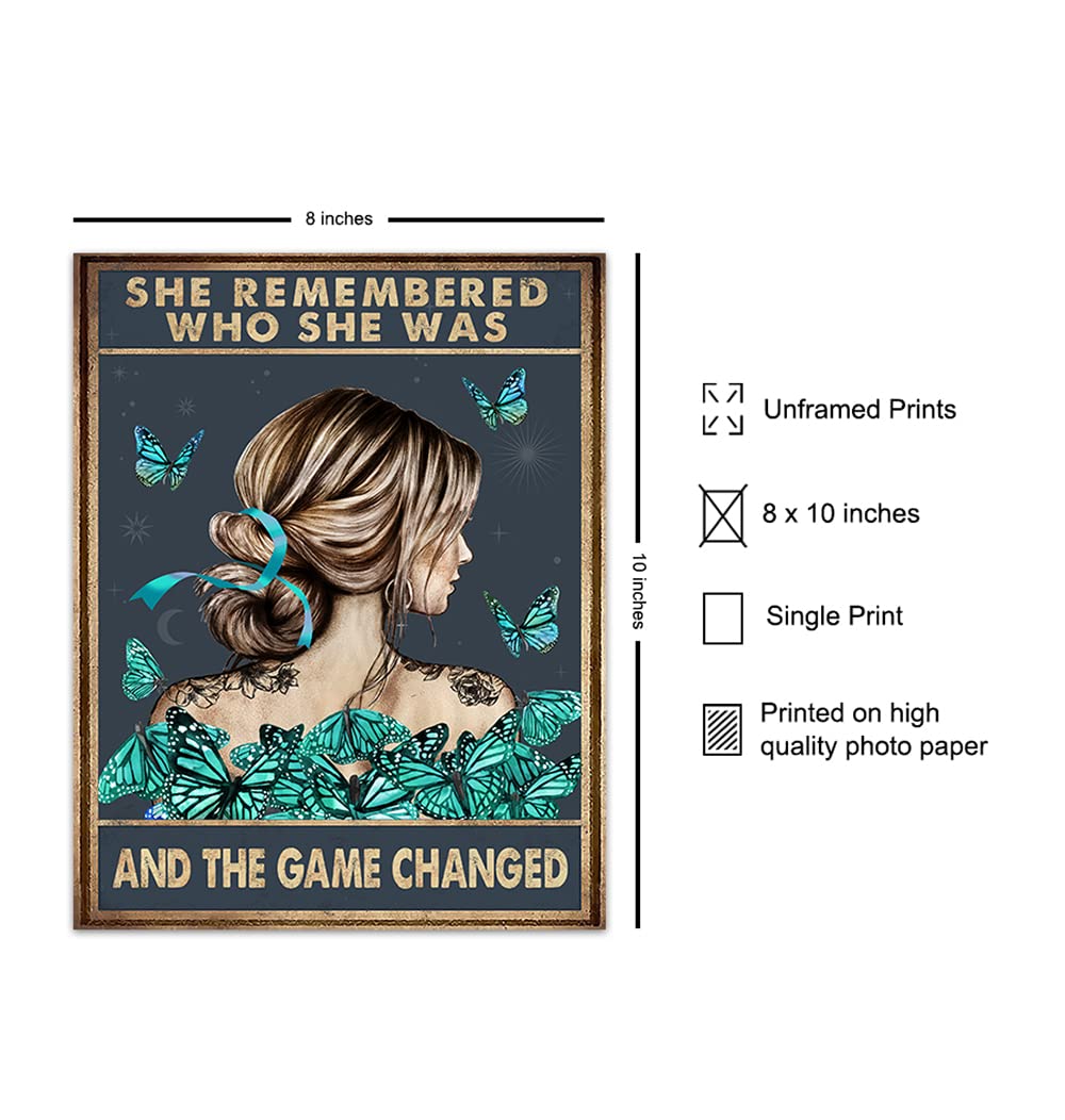 She Remembered Who She Was And The Game Changed - Positive Quotes Wall Decor - Uplifting Inspirational Encouragement Gifts for Women, Teen Girls - Motivational Wall Art - Light Blue Boho Decoration