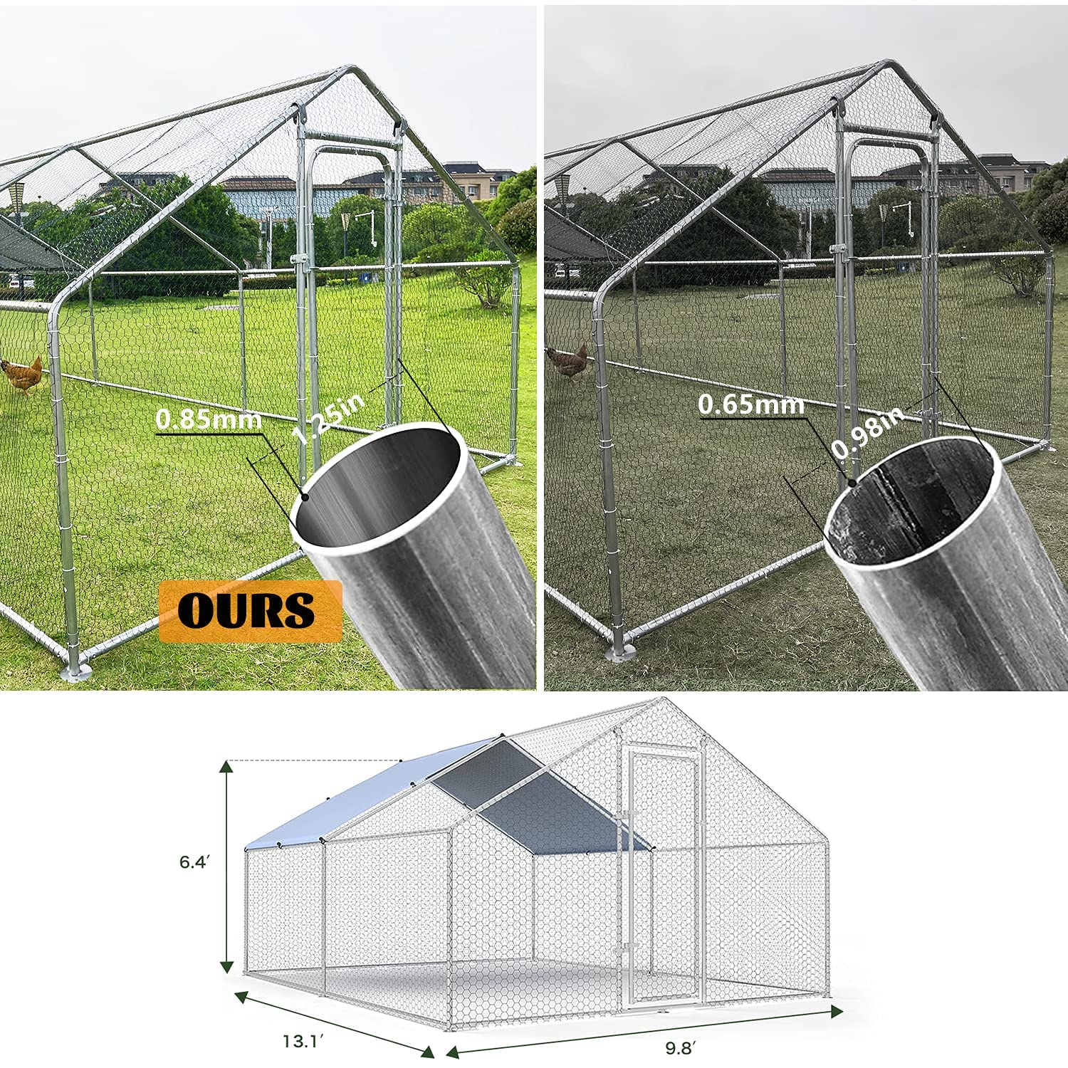 Large Metal Chicken Coop Walk-in Poultry Cage Chicken Run Pen Dog Kennel Duck House with Waterproof and Anti-Ultraviolet Cover for Outdoor Farm Use(9.8' L x 13.1' W x 6.4' H)