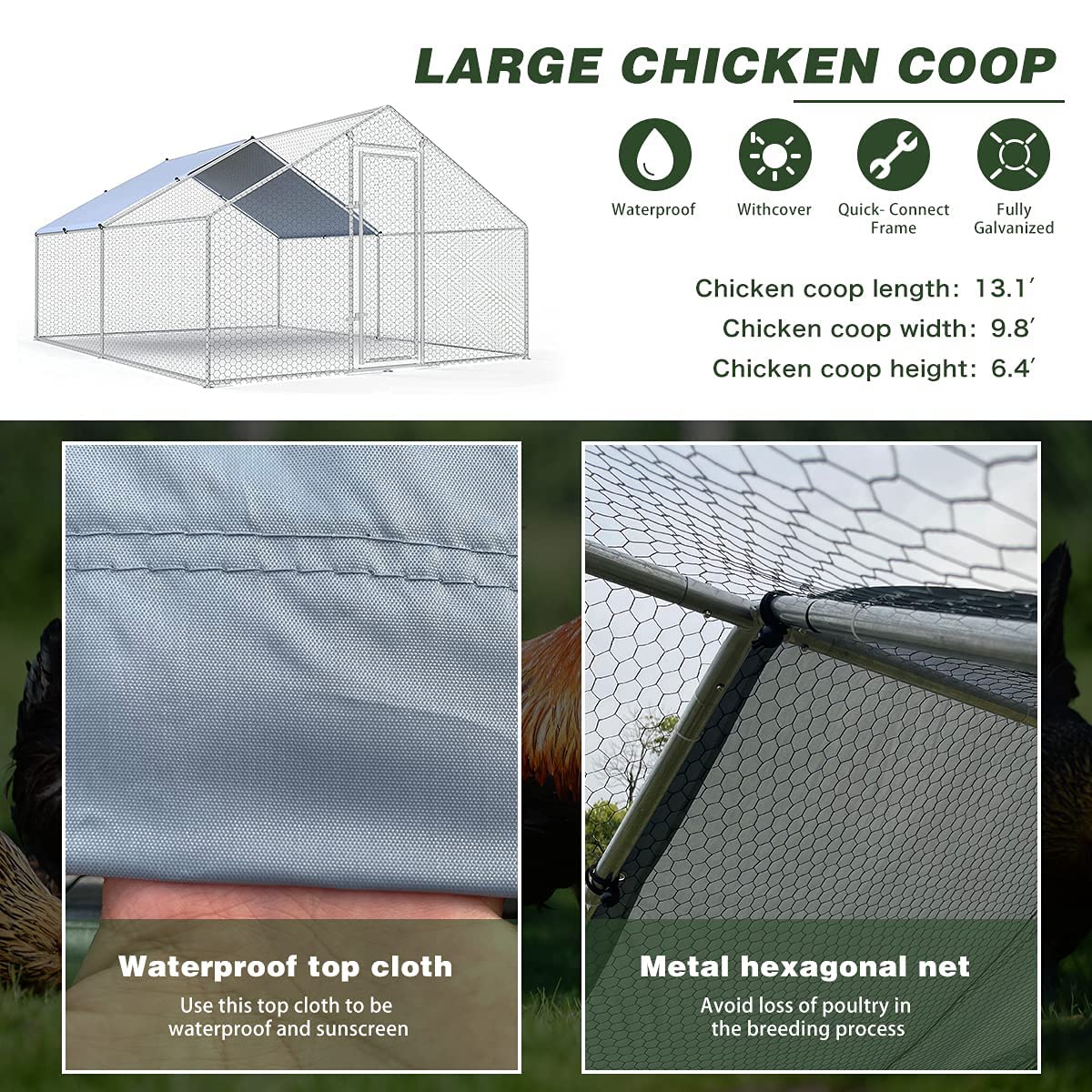 Large Metal Chicken Coop Walk-in Poultry Cage Chicken Run Pen Dog Kennel Duck House with Waterproof and Anti-Ultraviolet Cover for Outdoor Farm Use(9.8' L x 13.1' W x 6.4' H)