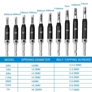 22Pcs Self Centering Hinge Drill Bit Set,Self Centering Hinge Tapper Core Hole Puncher 5/64'' 7/64'' 9/64'' 11/64'' 13/64'' 5mm 1/4'' & 1 Pcs Hex Key & 10 Pcs Replacement Drill Bits +1 Center Punch