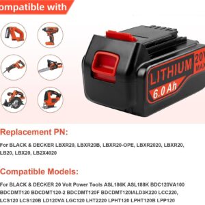 ARyee LB2X4020 6.0Ah 20V Lithium Battery for Black and Decker 20Volt Max LBXR20 LB20 LBX20 LBXR2020 LBX4020 LB2X4020-OPE LBXR20-OPE LBX4020 LST220 Cordless Power Drill Tools