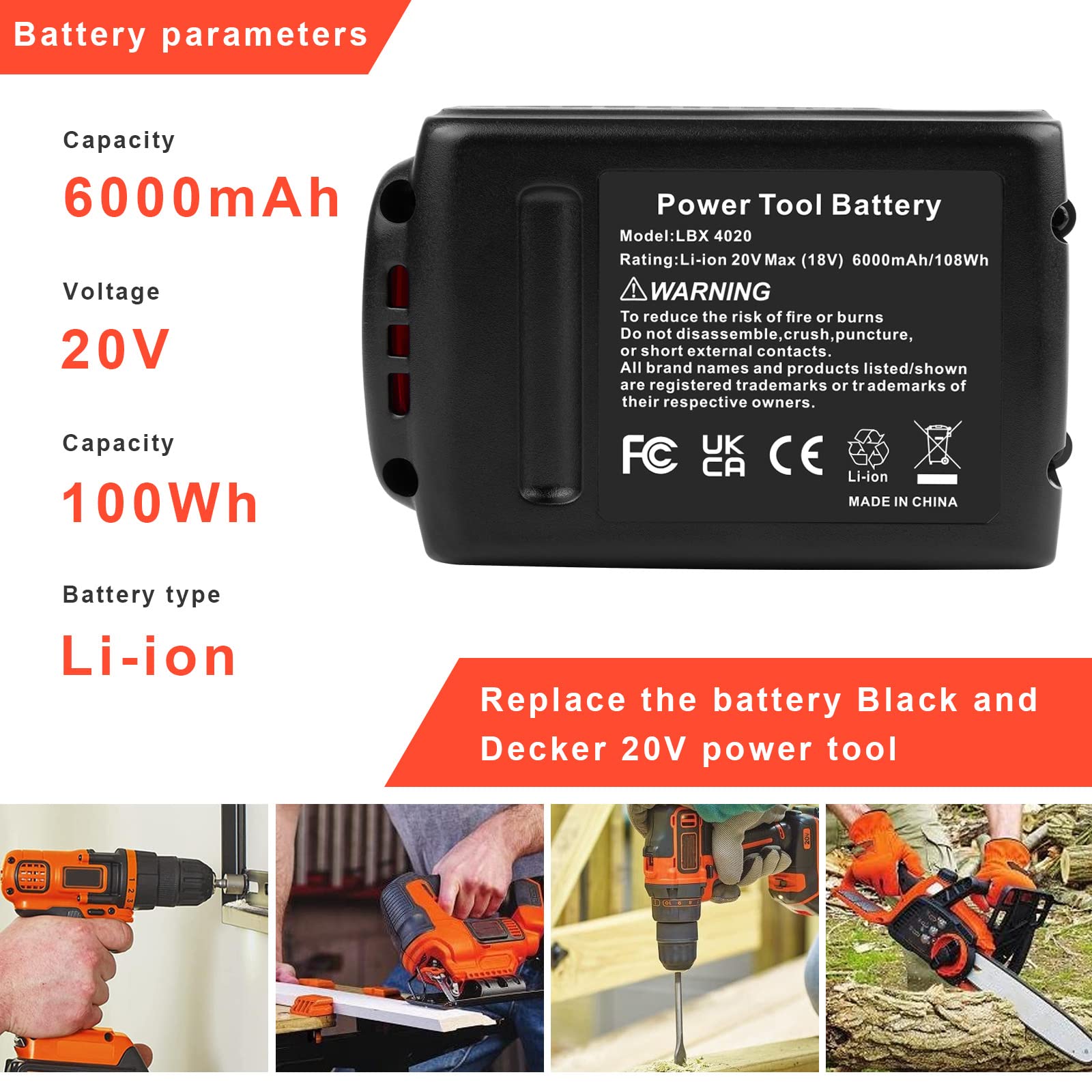 ARyee LB2X4020 6.0Ah 20V Lithium Battery for Black and Decker 20Volt Max LBXR20 LB20 LBX20 LBXR2020 LBX4020 LB2X4020-OPE LBXR20-OPE LBX4020 LST220 Cordless Power Drill Tools