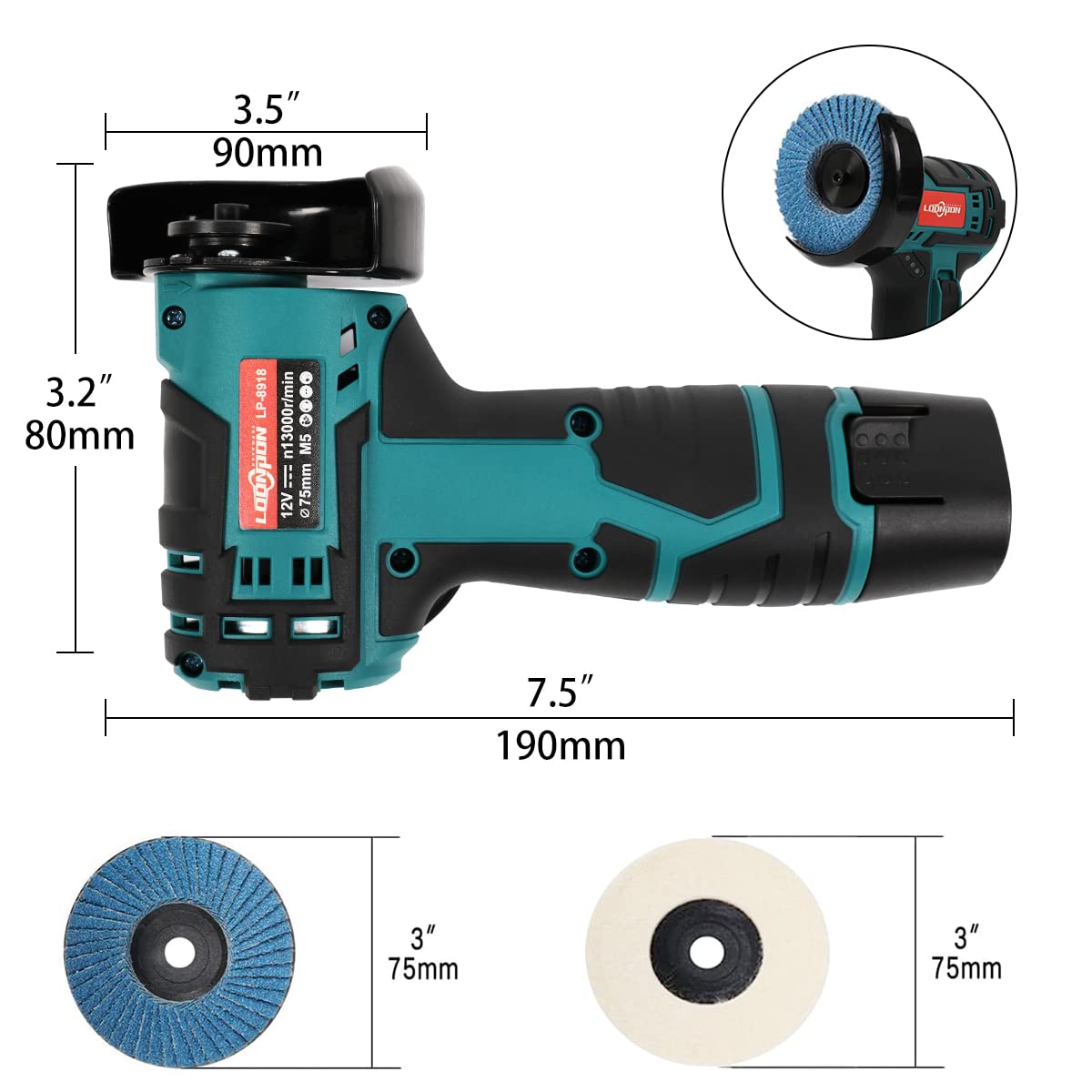 BIHOO 3Inch Mini Angle Grinder,12V Cordless Metal Cutter Machine for Grinding,Cutting with Two Battery