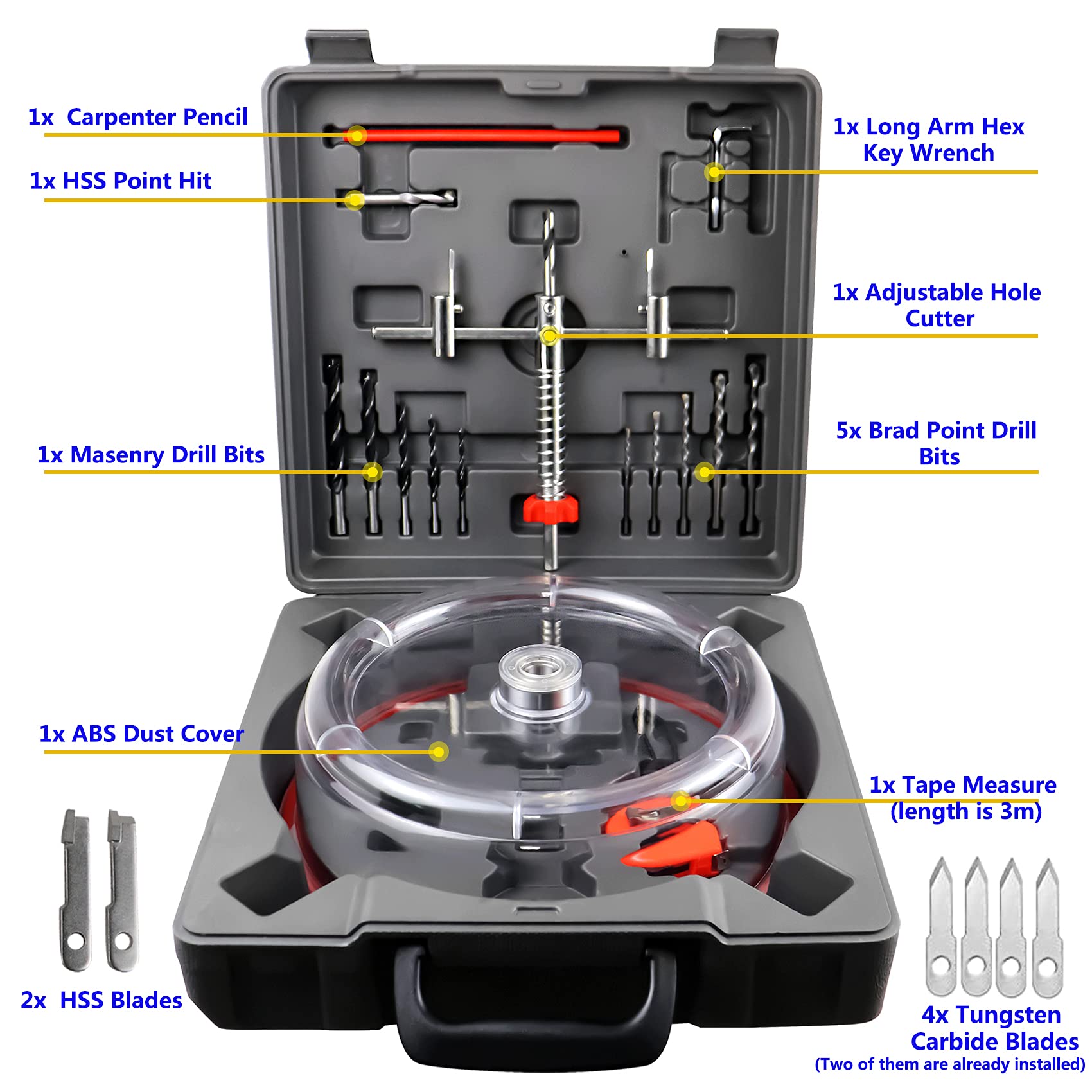 Lunarlipes Adjustable Hole Saw Cutter Kit 1-5/8" to 8" (40-200mm) Twin Blade Hole Saw with ABS Dust Shield for Making recessed Lights, Speaker Holes or Ventilation Holes