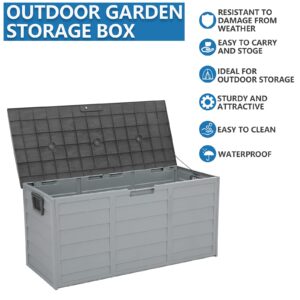 Kcelarec Plastic Deck Storage Container Box Outdoor Patio Furniture 75 Gal, Pools Yard Storage Tools w/Built-In Wheel (Grey)