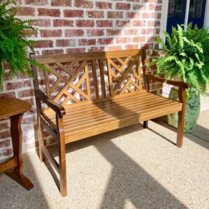 phi villa outdoor garden wooden bench, 4 ft acacia wood bench with curved backrest and armrest, 2 seat all weather bench for patio, lawn, balcony, yard, porch - brown