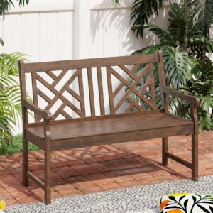 PHI VILLA Outdoor Garden Wooden Bench, 4 Ft Acacia Wood Bench with Curved Backrest and Armrest, 2 Seat All Weather Bench for Patio, Lawn, Balcony, Yard, Porch - Brown