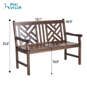 PHI VILLA Outdoor Garden Wooden Bench, 4 Ft Acacia Wood Bench with Curved Backrest and Armrest, 2 Seat All Weather Bench for Patio, Lawn, Balcony, Yard, Porch - Brown