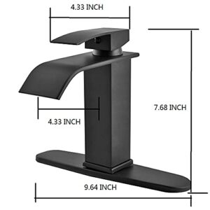 Klabb S16 Black Waterfall Spout Bathroom Faucet,Single Handle Bathroom Vanity Sink Faucet, Rv Lavatory Vessel Faucet Basin Mixer Tap with Deck Plate, Solid Brass/Matte Black