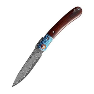 ivtt damascus steel pocket folding knife, vg10 core blade tool knife, wood handle, gift for men, edc knife for outdoor, survival, camping, hiking