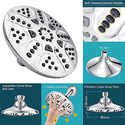 JDO Shower Head, High Pressure Rain Showerhead, 5 Spray Settings, Luxury Bathroom Shower Heads with Adjustable Angles, Anti-Clogging Silicone Nozzles