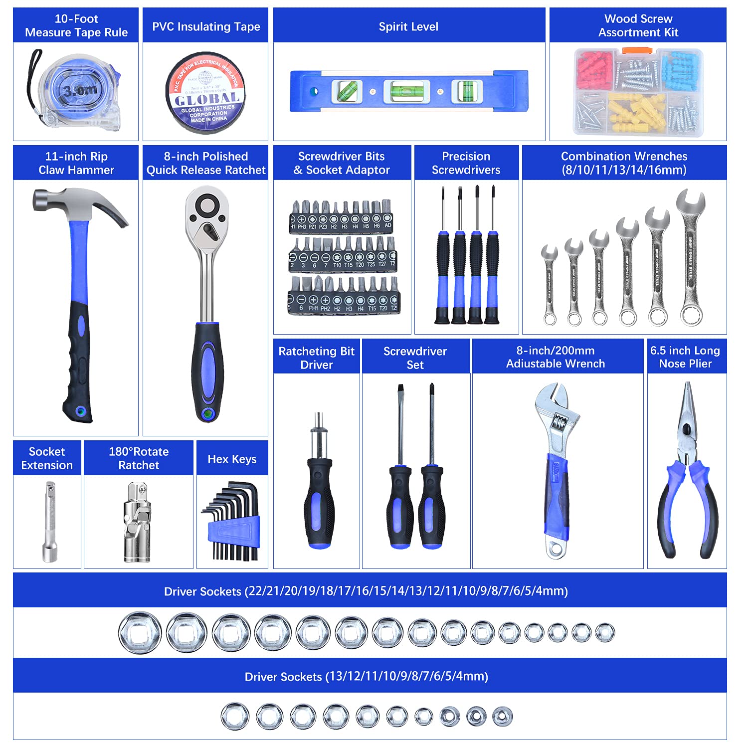 jar-owl 146 Piece Tool Kit, Drive Socket Set Auto Repair Tool Combination Mixed Tool Set, General Household Hand Tool Kits with Plastic Toolbox Storage Case