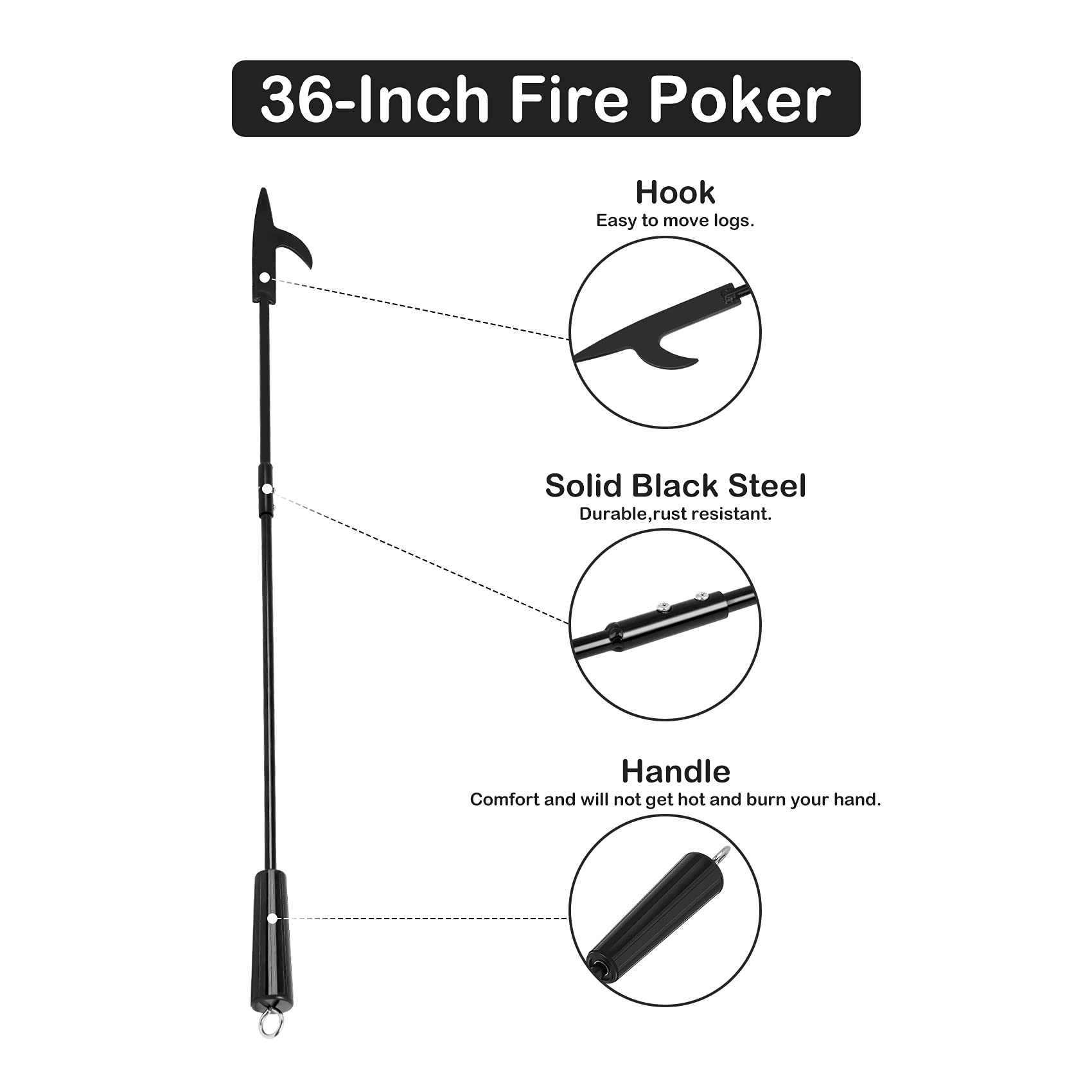 36” Fireplace Fire Pit Poker and 26” Fireplace Tongs Tool Sets, Campfire Fireplace Tools for Outdoor/Indoor