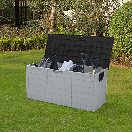 SSLine Outdoor Plastic Storage Deck Box Weatherproof Patio Garden Tool Organizer 75 Gallon Outside Storage Cabinet Container with Wheels for Cushions Pillows Pool Toys -Black