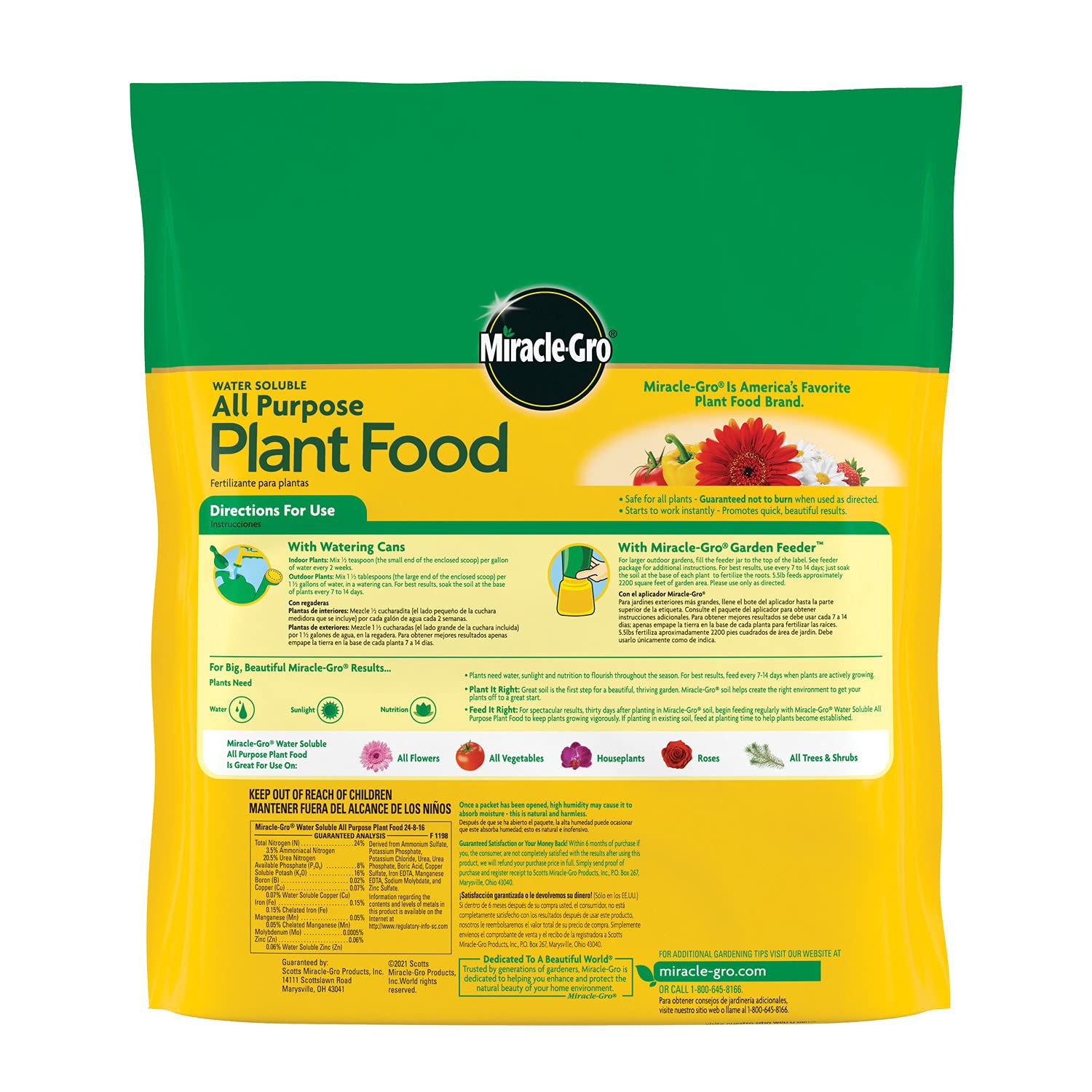 Miracle-Gro Water Soluble All Purpose Plant Food, 24-8-16, Instantly Fertilizes Plants, Waterproof Bag - 5.5 lb., 2-Pack