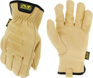 mechanix wear: cow leather driver glove with durahide water resistant technology, quick fitting safety work gloves (tan, medium)
