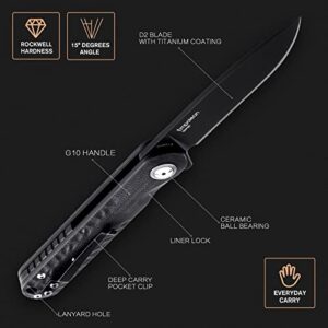 Dinoclier Empoleon Pocket Knife, Black 3.54" D2 Blade G10 Handle Ball Bearings Pivot Flipper Folding Knife