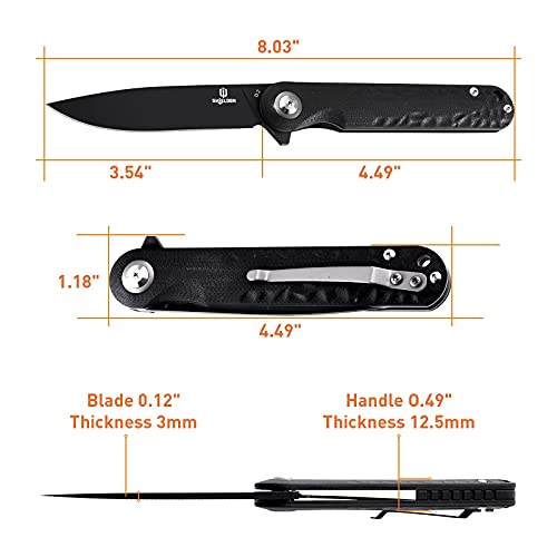 Dinoclier Empoleon Pocket Knife, Black 3.54" D2 Blade G10 Handle Ball Bearings Pivot Flipper Folding Knife