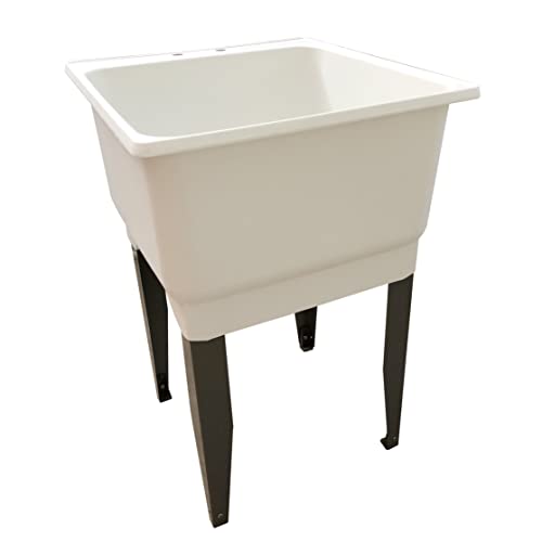 Free Standing Laundry Tub White Utility Sink Basin Fixture with Floor Mount Grey Steel Legs, 23 in. Wide, 25 in. Long, 15 in. Height, 4 in. Center set Holes