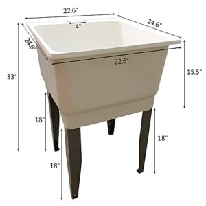 Free Standing Laundry Tub White Utility Sink Basin Fixture with Floor Mount Grey Steel Legs, 23 in. Wide, 25 in. Long, 15 in. Height, 4 in. Center set Holes