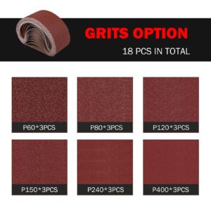 LIZMOF 3×18 Inch Belt Sander Sanding Belt, Aluminum Oxide Sanding Belts for Belt Sander, Belt Sander Paper with 60, 80, 120, 150, 240, 400 Assorted Grits for Efficient& Durable Use, 18PCS