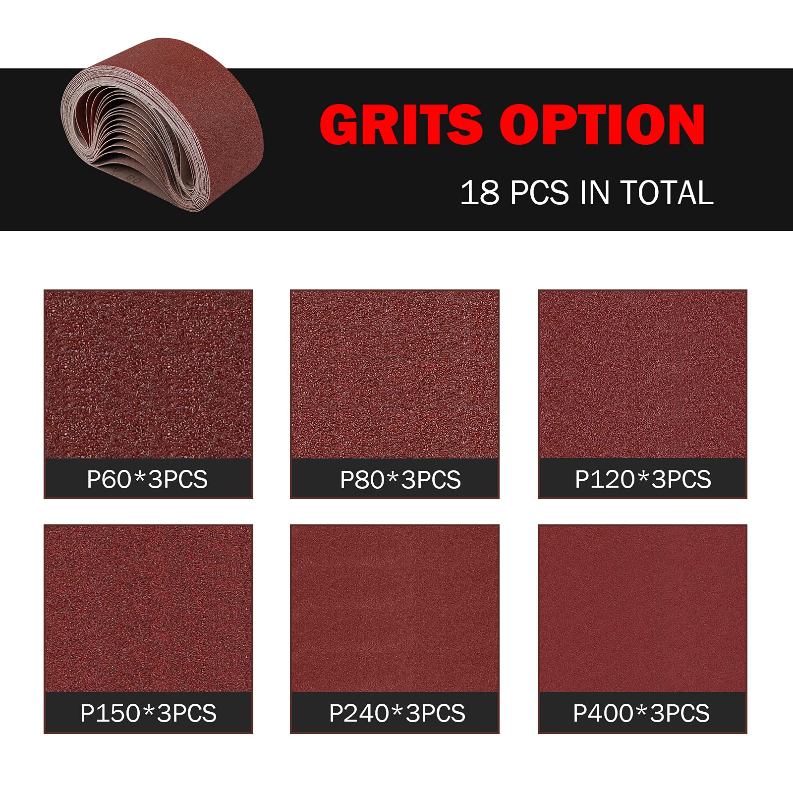 LIZMOF 3×18 Inch Belt Sander Sanding Belt, Aluminum Oxide Sanding Belts for Belt Sander, Belt Sander Paper with 60, 80, 120, 150, 240, 400 Assorted Grits for Efficient& Durable Use, 18PCS