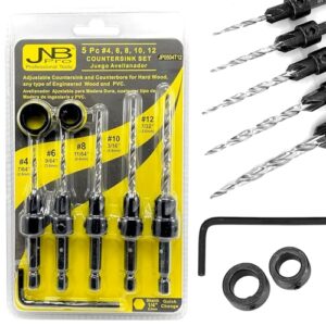 jnb pro countersink tapered drill bit set, carbon steel #45, w/ 5pcs adjustable depth stop collar 4(7/64"), 6(9/64"), 8(11/64"), 10(3/16"), 12(7/32")