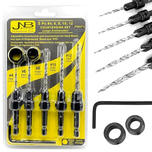 JNB PRO Countersink Tapered Drill Bit Set, Carbon Steel #45, w/ 5pcs Adjustable Depth Stop Collar 4(7/64"), 6(9/64"), 8(11/64"), 10(3/16"), 12(7/32")