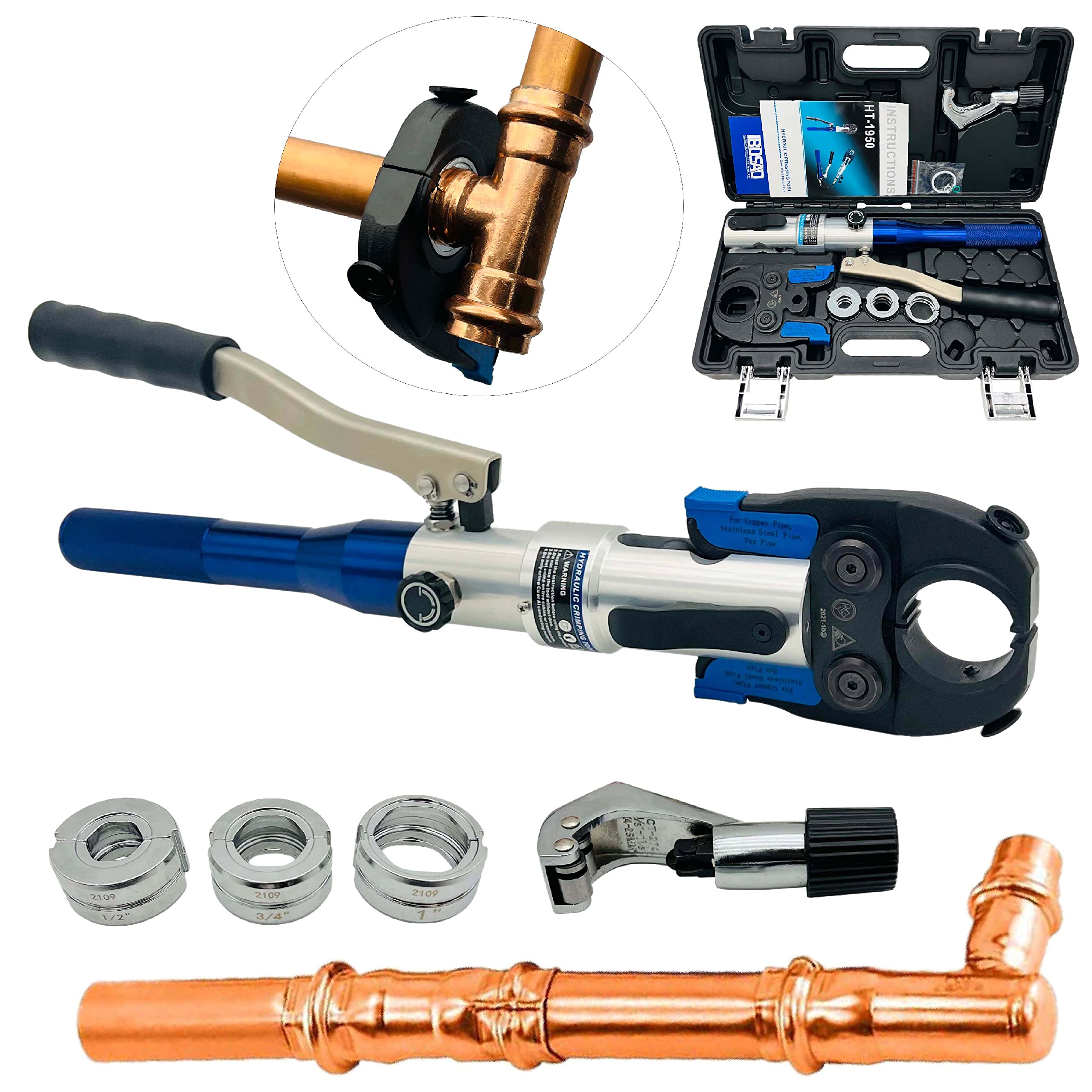 IBOSAD Copper Tube Fittings Hydraulic Pipe Crimping Tool with 1/2 inch,3/4 inch and 1 inch Jaw Copper Pipe Propress Crimpers Pressing Pliers,Suit for Narrow Space and Tee Fitting