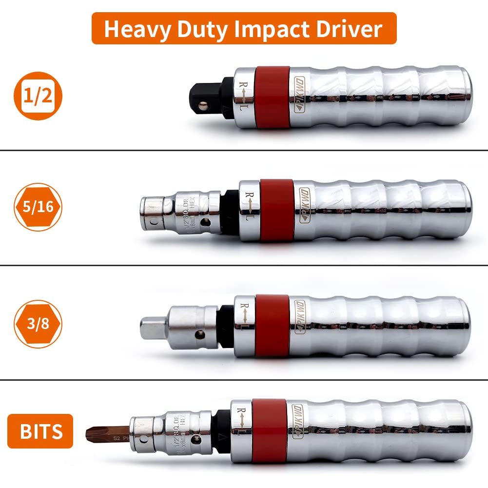 Pikwo Hand Manual Reversible 1/2-inch 3/8-inch Impact Driver Set Extractor-13PCS Impact Screwdriver S2 Steel Disengage Rusted Fasteners or Frozen Bolts