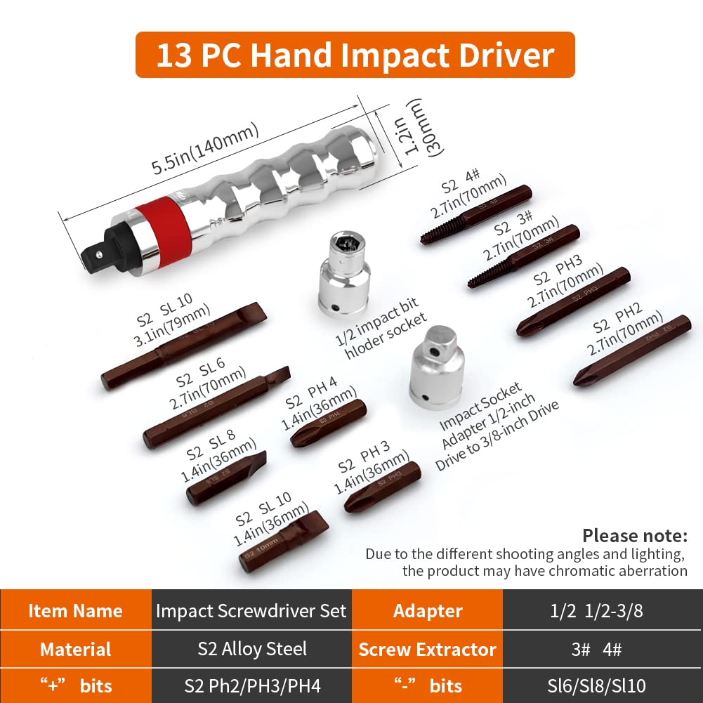 Pikwo Hand Manual Reversible 1/2-inch 3/8-inch Impact Driver Set Extractor-13PCS Impact Screwdriver S2 Steel Disengage Rusted Fasteners or Frozen Bolts