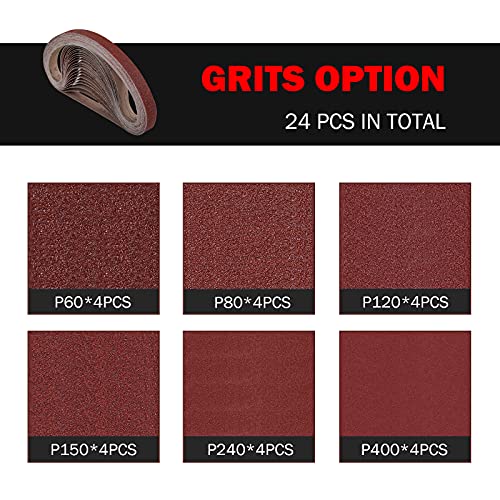 LIZMOF 1×30 Inch Belt Sander Sanding Belt, Aluminum Oxide Sanding Belts for Belt Sander, Belt Sander Paper with 60, 80, 120, 150, 240, 400 Assorted Grits for Efficient& Durable Use, 24PCS