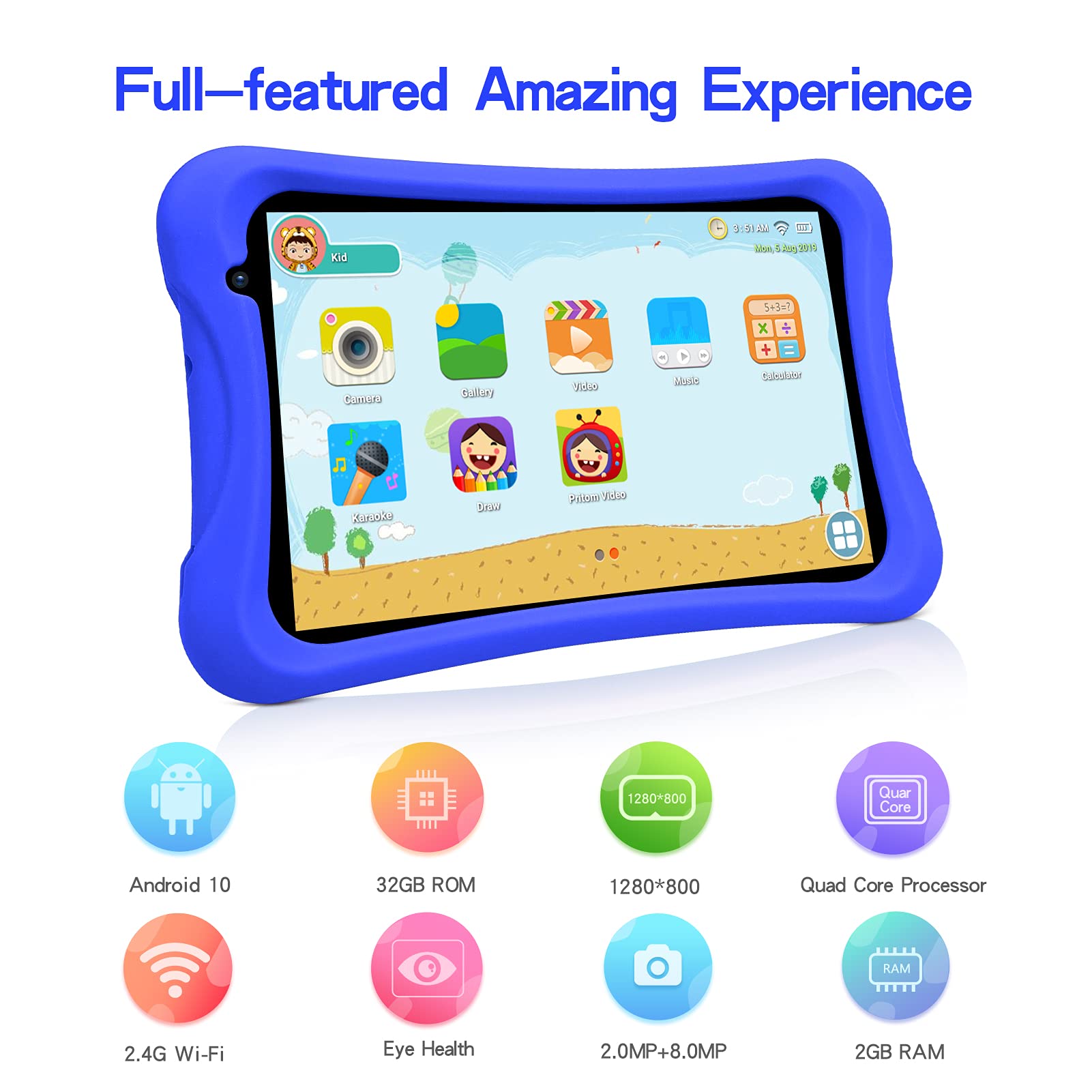 PRITOM 8 inch Kids Tablet, Quad Core Android 10, 64GB, WiFi, Bluetooth, Dual Camera, Educationl, Games,Parental Control, Kids Software Pre-Installed with Kids-Tablet Case(Blue)