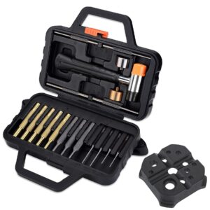 pridefend punch set with bench block, punch set made of solid material including roll flat pin punch set and bench block, hammer with detachable heads,punch set with portable storage case