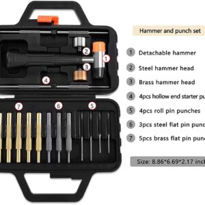 Pridefend Punch Set with Bench Block, Punch Set Made of Solid Material Including Roll Flat Pin Punch Set and Bench Block, Hammer with Detachable Heads,Punch Set with Portable Storage Case