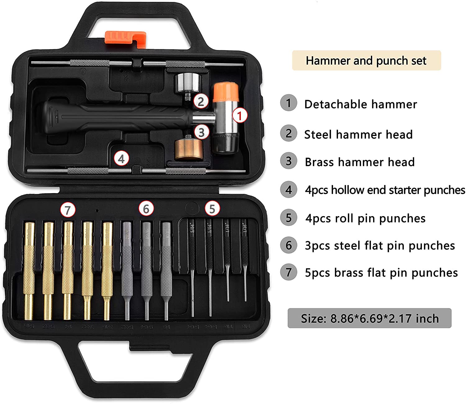 Pridefend Punch Set with Bench Block, Punch Set Made of Solid Material Including Roll Flat Pin Punch Set and Bench Block, Hammer with Detachable Heads,Punch Set with Portable Storage Case