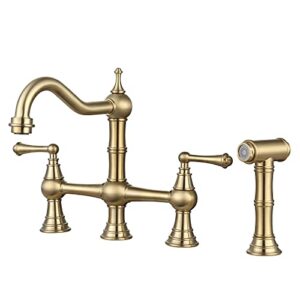 wowow brass kitchen faucet bridge with side sprayer, 4 hole kitchen faucet 2 handle 8 inch centerset gold faucet for kitchen sinks, heritage brushed gold kitchen sink faucet