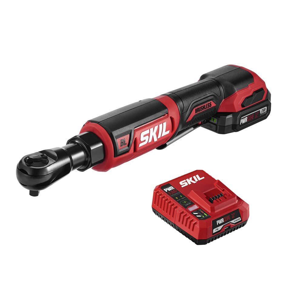 SKIL PWR CORE 12 Brushless 12V 3/8 Inch Ratchet Wrench Kit Includes 2.0Ah Lithium Battery and PWR JUMP Charger - RW5763A-10