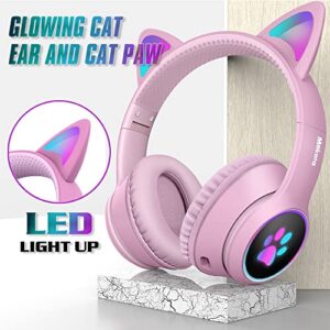 Mokata Gaming Bluetooth 5.0 Wireless Headphones Over Ear Cat LED Light Foldable Music Headset with AUX 3.5mm Microphone (Built-in) for Adult & Kids PC TV Game Music Pad Laptop Cellphone Pink