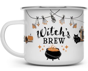 halloween fall autumn season enamel campfire mug, witch's brew outdoor camping coffee cup, gift for friend, mom, sister, coworker (16oz)