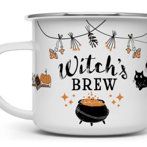 Halloween Fall Autumn Season Enamel Campfire Mug, Witch's Brew Outdoor Camping Coffee Cup, Gift for Friend, Mom, Sister, Coworker (16oz)