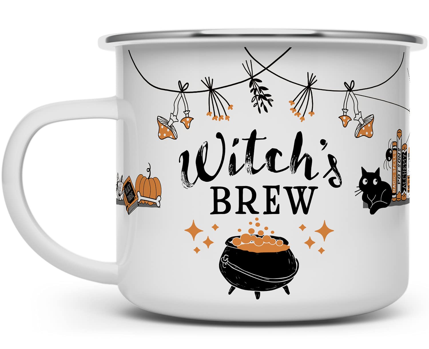 Halloween Fall Autumn Season Enamel Campfire Mug, Witch's Brew Outdoor Camping Coffee Cup, Gift for Friend, Mom, Sister, Coworker (16oz)