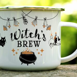 Halloween Fall Autumn Season Enamel Campfire Mug, Witch's Brew Outdoor Camping Coffee Cup, Gift for Friend, Mom, Sister, Coworker (16oz)