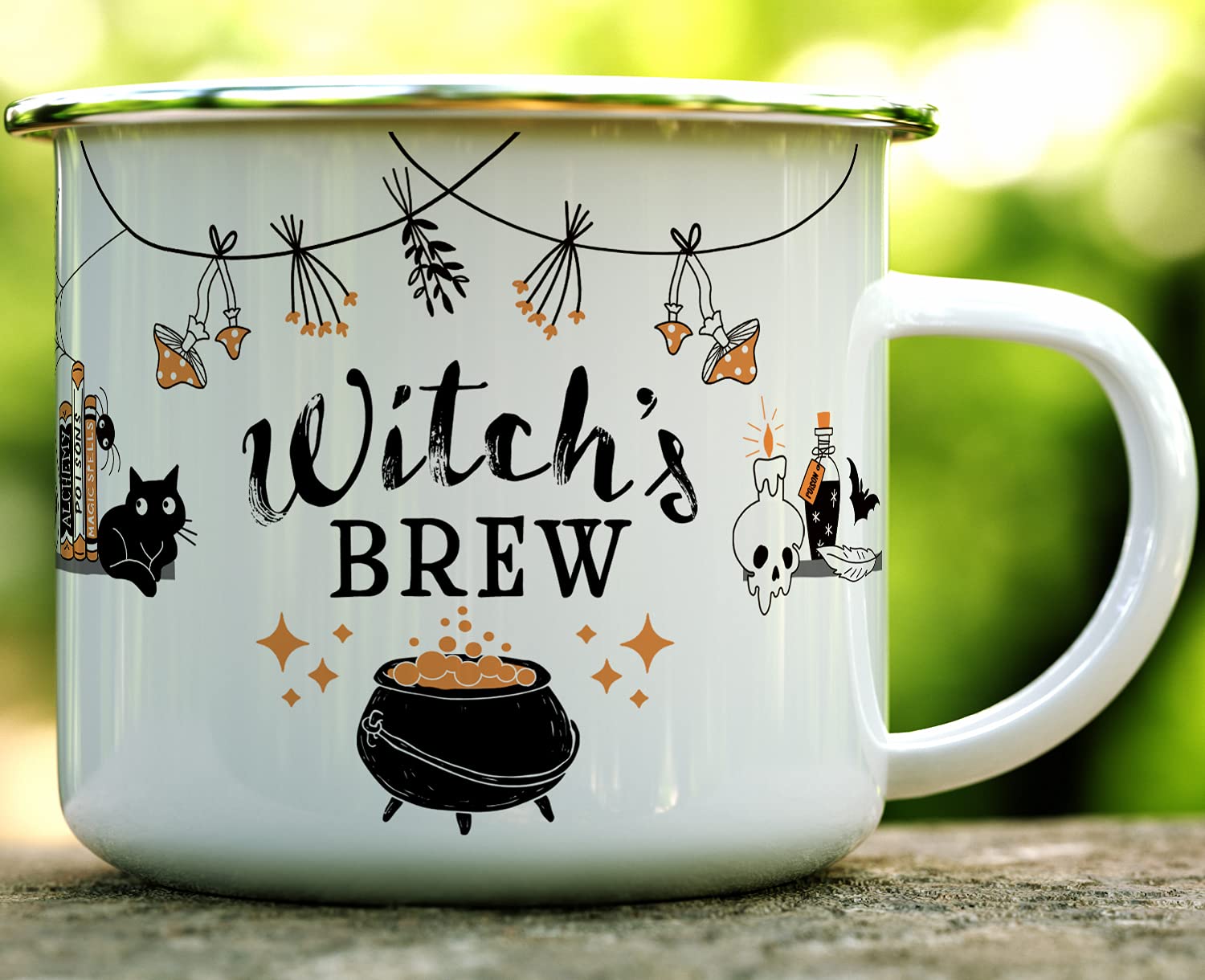 Halloween Fall Autumn Season Enamel Campfire Mug, Witch's Brew Outdoor Camping Coffee Cup, Gift for Friend, Mom, Sister, Coworker (16oz)